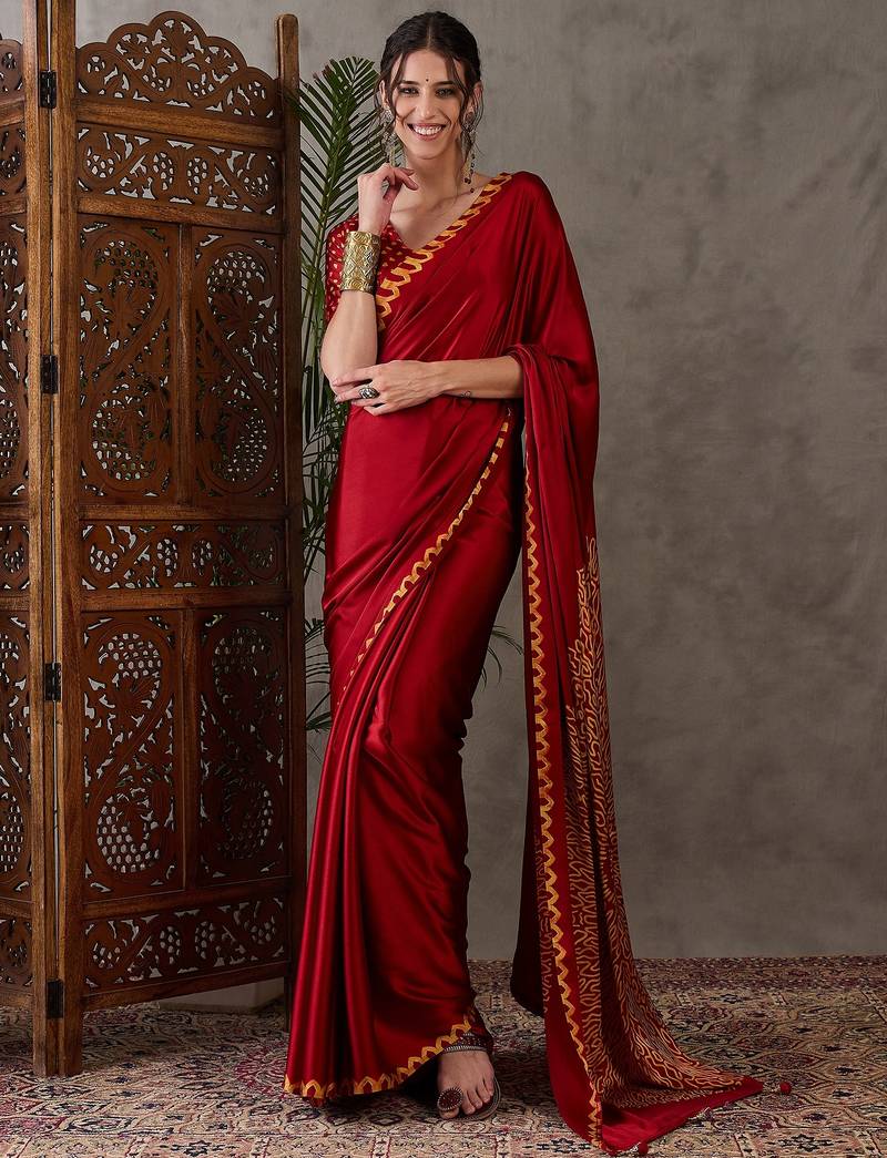 Red color ready to wear semi modal saree with unstitched designer blouse