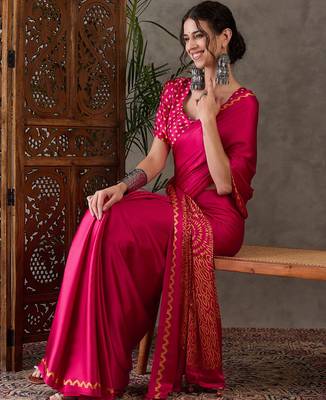 Pink color Pre Pleated semi modal saree with unstitched designer blouse 3