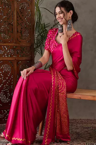Pink color Pre Pleated semi modal saree with unstitched designer blouse