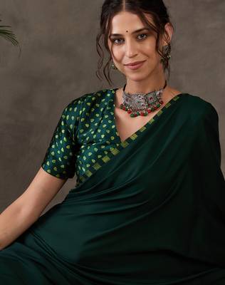 Green color Pre Pleated semi modal saree with unstitched designer blouse 3