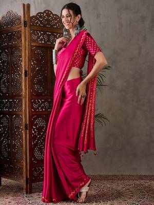 Pink color Pre Pleated semi modal saree with unstitched designer blouse 4
