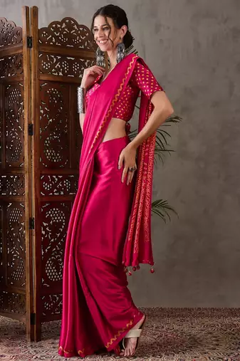 Pink color Pre Pleated semi modal saree with unstitched designer blouse