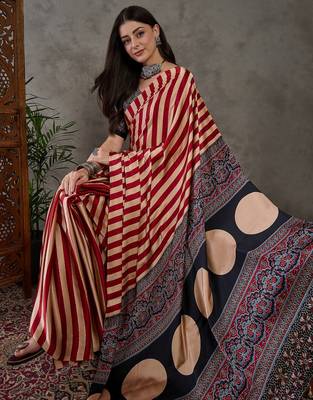 Red color Pre Pleated semi modal saree with unstitched designer blouse 1
