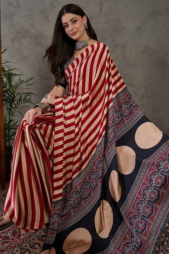 Red color ready to wear semi modal saree with unstitched designer blouse
