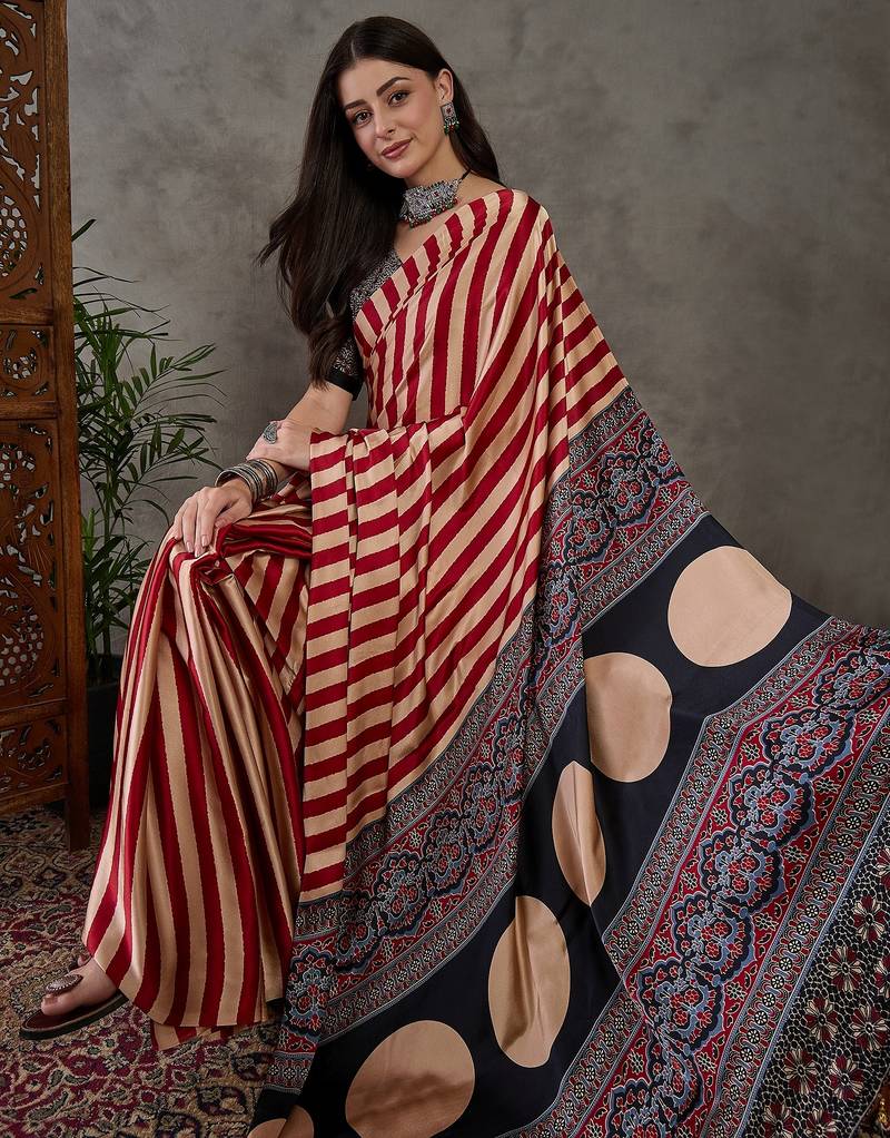 Red color ready to wear semi modal saree with unstitched designer blouse