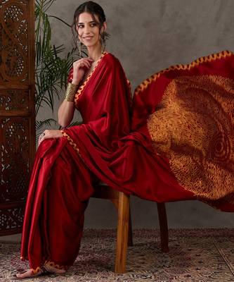 red pre draped semi modal saree with designer blouse 3