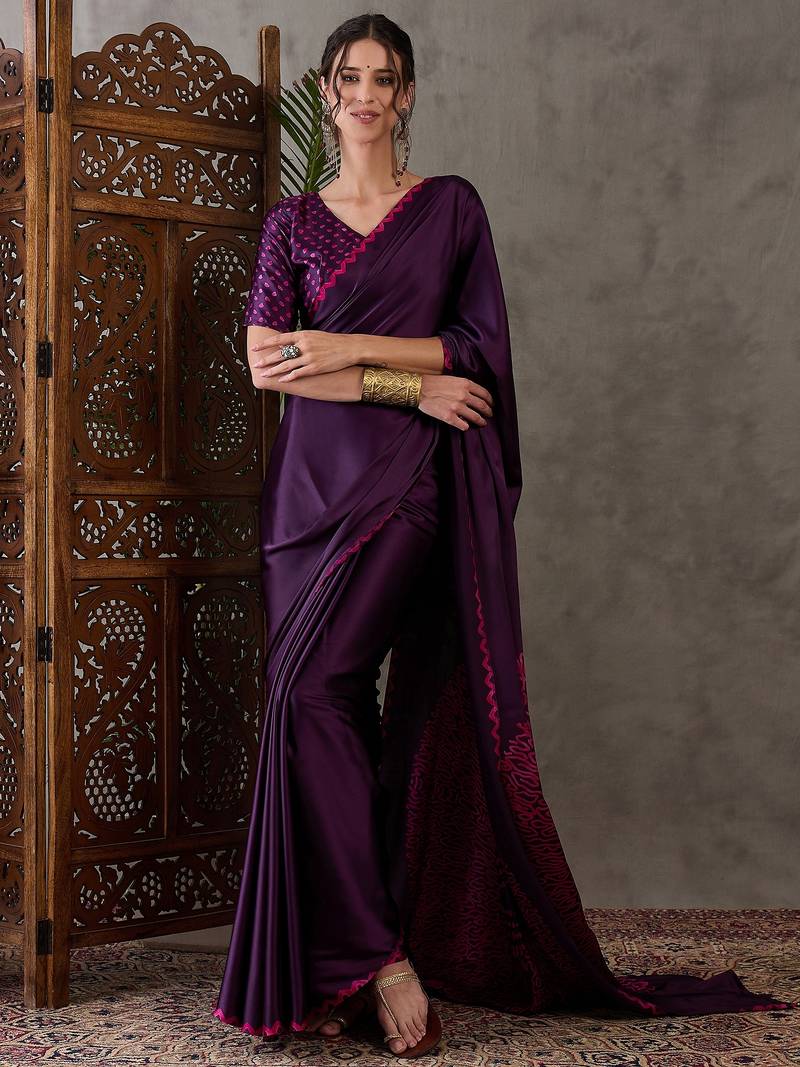 Purple color ready to wear semi modal saree with unstitched designer blouse
