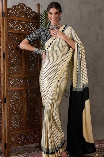 Cream color ready to wear semi modal saree with unstitched designer blouse