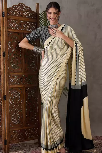 Cream color ready to wear semi modal saree with unstitched designer blouse