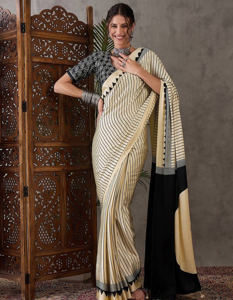 Cream color ready to wear semi modal saree with unstitched designer blouse