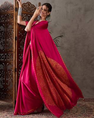 Pink color Pre Pleated semi modal saree with unstitched designer blouse 5