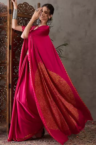 Pink color Pre Pleated semi modal saree with unstitched designer blouse