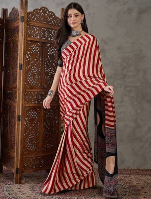 Red color Pre Pleated semi modal saree with unstitched designer blouse 2