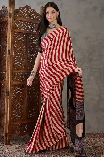 Red color Pre Pleated semi modal saree with unstitched designer blouse
