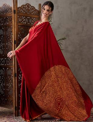 red pre draped semi modal saree with designer blouse 4