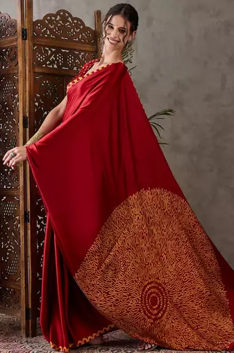 red pre draped semi modal saree with designer blouse