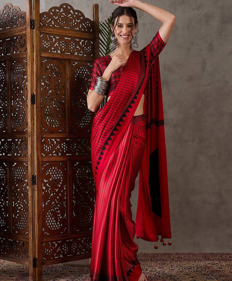 Red color ready to wear semi modal saree with unstitched designer blouse