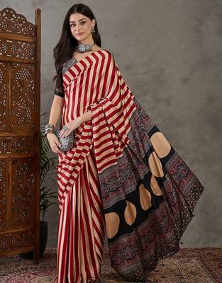 Red color Pre Pleated semi modal saree with unstitched designer blouse 3
