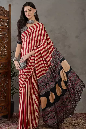Red color Pre Pleated semi modal saree with unstitched designer blouse