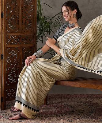 Cream color Pre Pleated semi modal saree with unstitched designer blouse 3