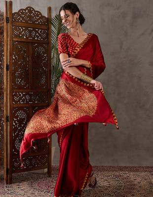 red pre draped semi modal saree with designer blouse 5