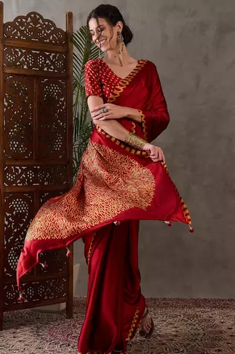 red pre draped semi modal saree with designer blouse
