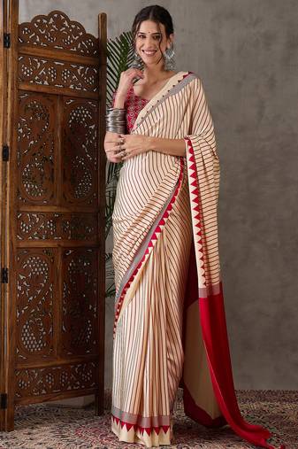 Cream color ready to wear semi modal saree with unstitched designer blouse