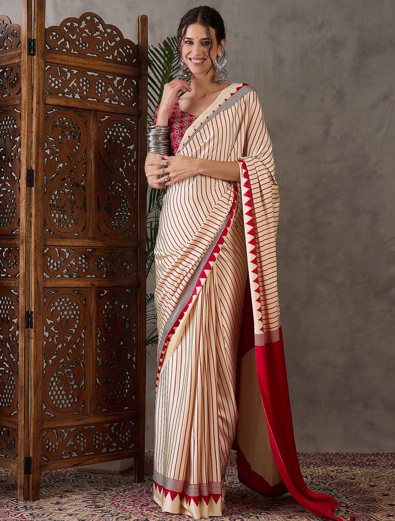Cream color ready to wear semi modal saree with unstitched designer blouse