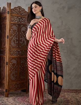 Red color Pre Pleated semi modal saree with unstitched designer blouse 4