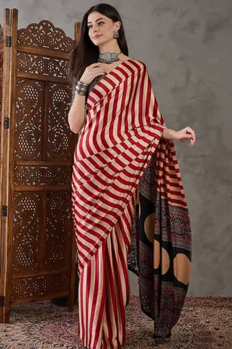 Red color Pre Pleated semi modal saree with unstitched designer blouse