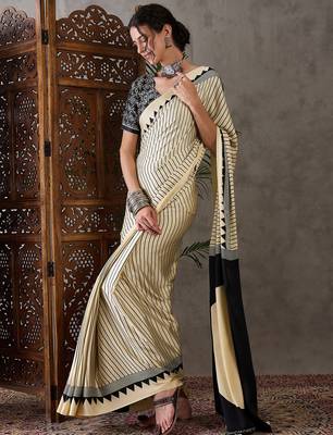 Cream color Pre Pleated semi modal saree with unstitched designer blouse 4