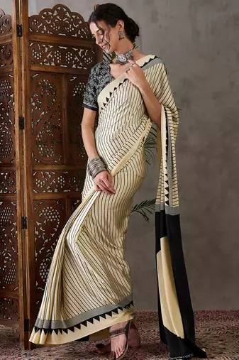 Cream color Pre Pleated semi modal saree with unstitched designer blouse