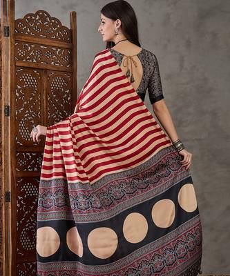 Red color Pre Pleated semi modal saree with unstitched designer blouse 5