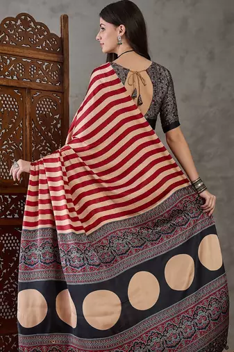 Red color Pre Pleated semi modal saree with unstitched designer blouse