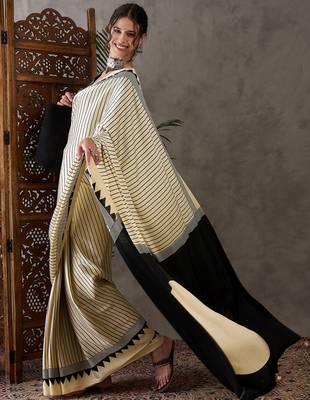 Cream color Pre Pleated semi modal saree with unstitched designer blouse 5
