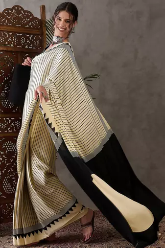 Cream color Pre Pleated semi modal saree with unstitched designer blouse
