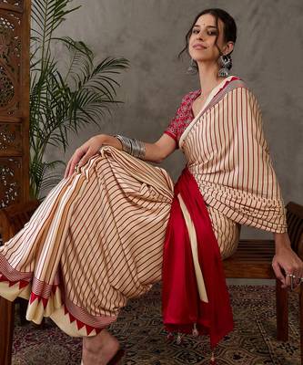 Cream color Pre Pleated semi modal saree with unstitched designer blouse 3