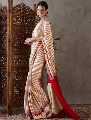 Cream color Pre Pleated semi modal saree with unstitched designer blouse 4