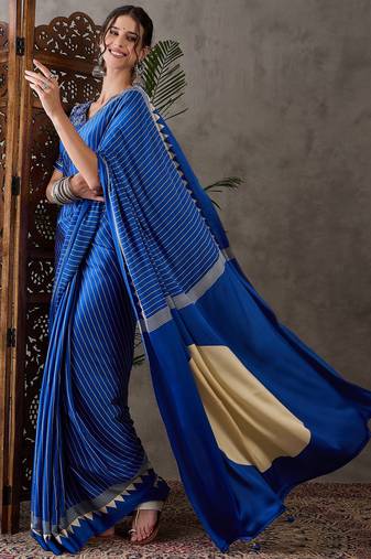 Blue color ready to wear semi modal saree with unstitched designer blouse