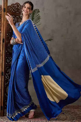 Blue color ready to wear semi modal saree with unstitched designer blouse