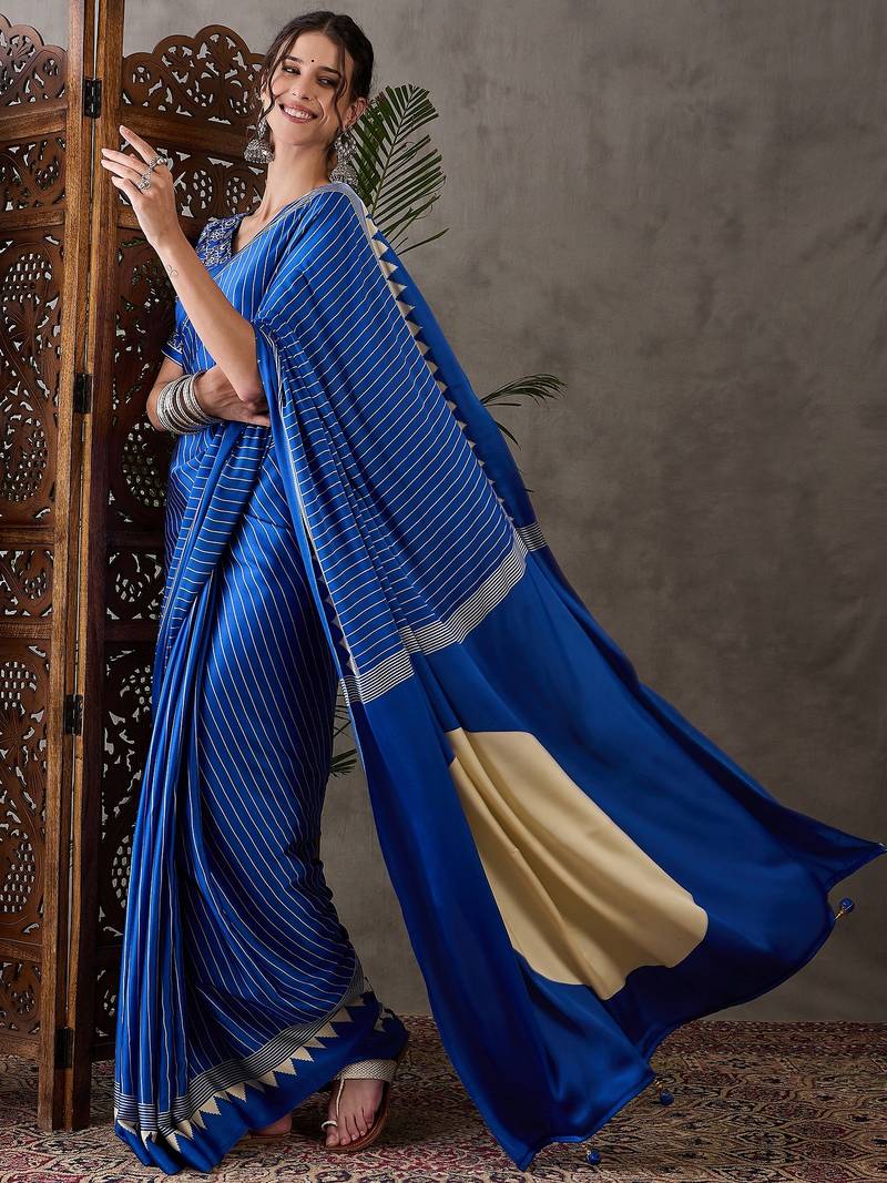 Blue color ready to wear semi modal saree with unstitched designer blouse