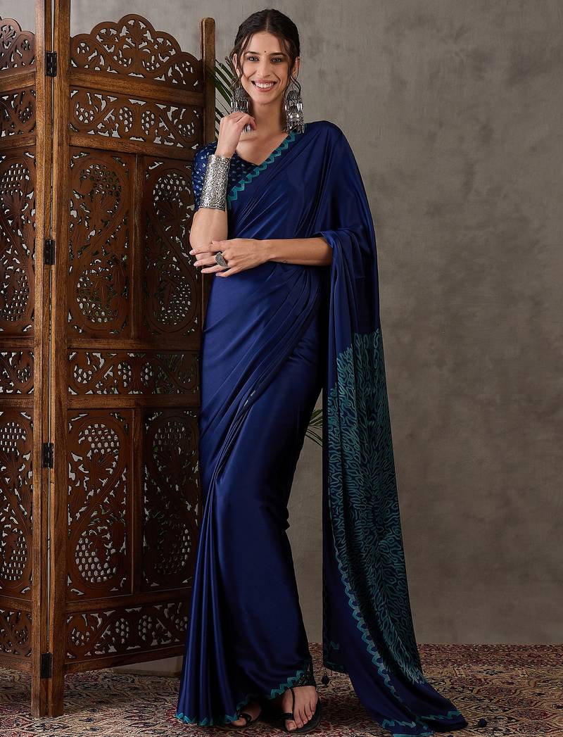 Blue color ready to wear semi modal saree with unstitched designer blouse