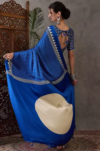 Blue color Pre Pleated semi modal saree with unstitched designer blouse