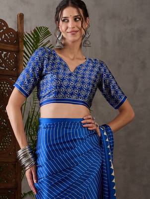 Blue color Pre Pleated semi modal saree with unstitched designer blouse 3