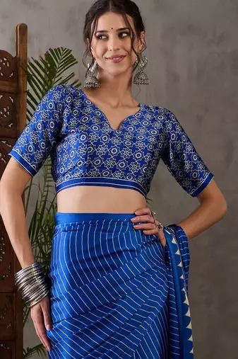 Blue color Pre Pleated semi modal saree with unstitched designer blouse