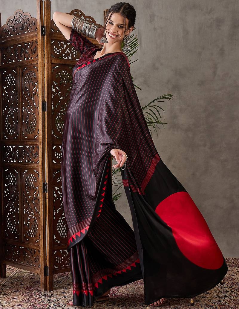 Black color ready to wear semi modal saree with unstitched designer blouse