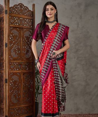 Red color Pre Pleated semi modal saree with unstitched designer blouse 1