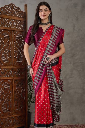Red color ready to wear semi modal saree with unstitched designer blouse