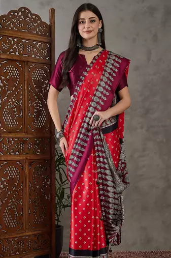 Red color ready to wear semi modal saree with unstitched designer blouse
