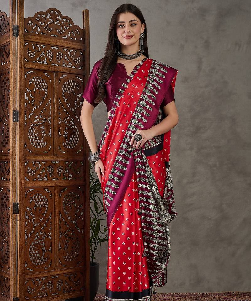 Red color ready to wear semi modal saree with unstitched designer blouse